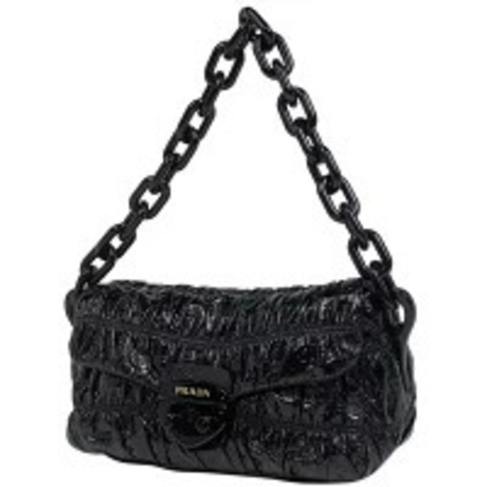 Prada Chain Shoulder Bag Handbag Hobo Enamel Patent Vernis Leather Nero Black